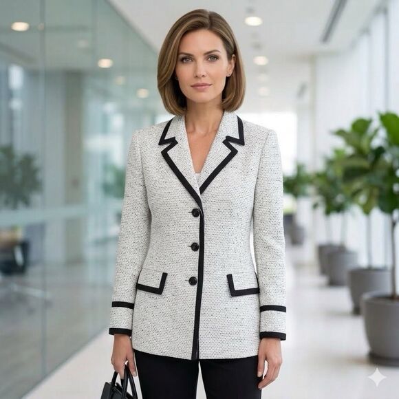 Kasper Jackets & Blazers - Kasper Tweed Contrast Black White 3 Button Women's Blazer Jacket Plus Size 18